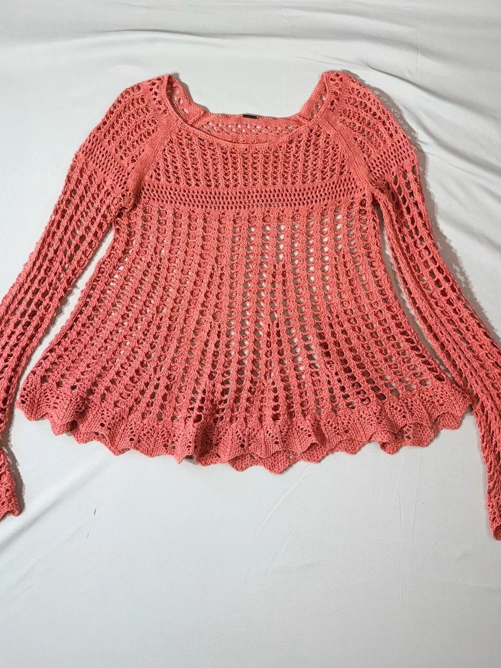 Free People Annabelle Crochet Open-Knit Coral Sweater Top scalloped boho